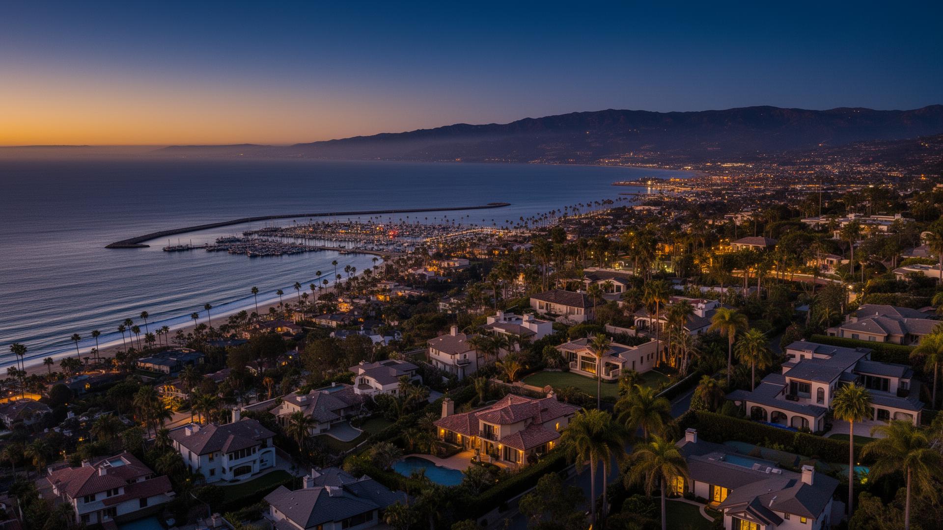 Twilight aerial view of luxury coastal Orange County
